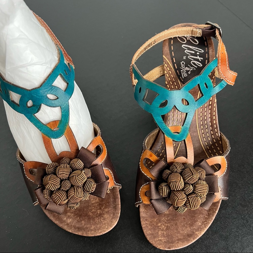 Corkys Teal and Brown Floral Knot T-Strap Sandals